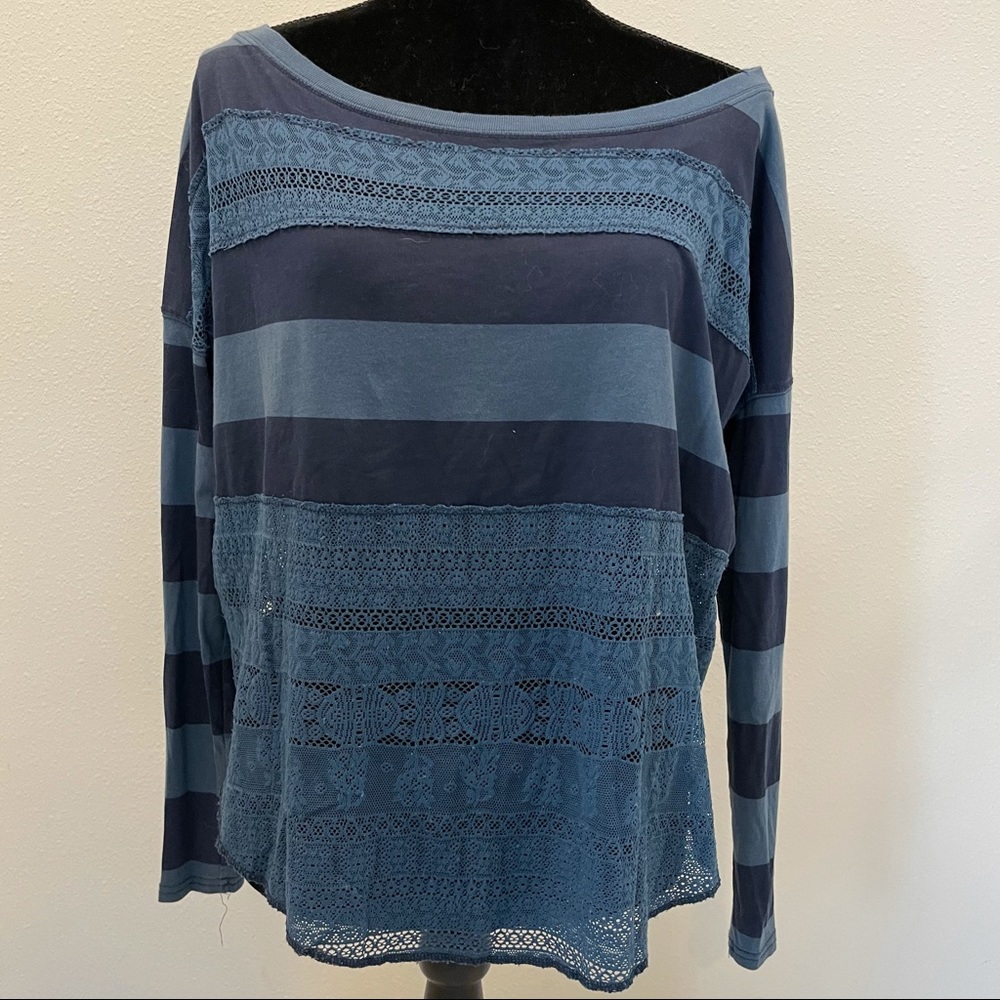Free People Striped/Lace Long Sleeve Top